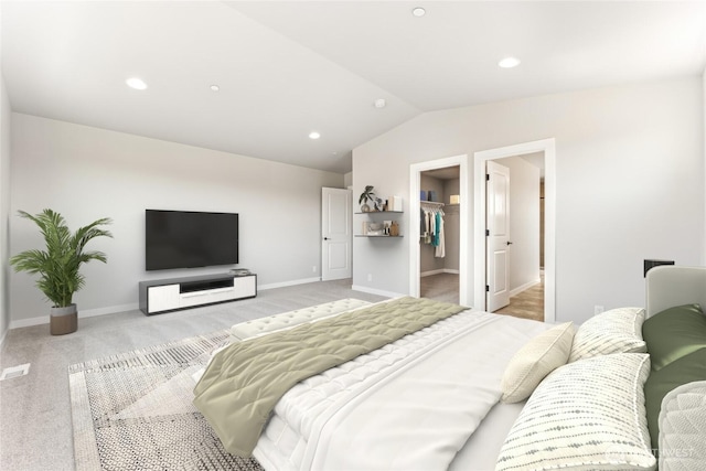 13915 179th St E Unit 58, Puyallup, WA 98374 - bedroom featuring light carpet, lofted ceiling, baseboards, a walk in closet, and recessed lighting
