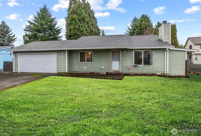 single story home with a front yard, roof with shingles, a chimney, driveway, and an attached garage