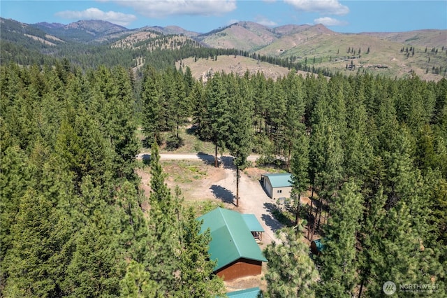 aerial view with a mountain view and a view of trees