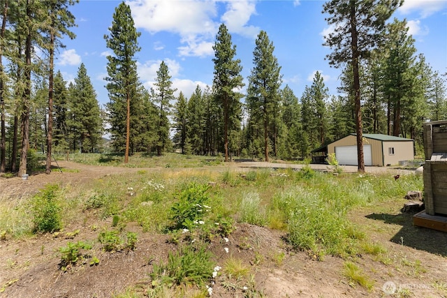 view of yard with a garage and an outbuilding