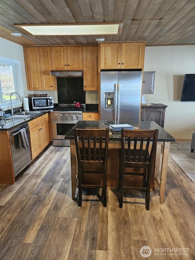 kitchen with stainless steel appliances, dark countertops, wood ceiling, and under cabinet range hood