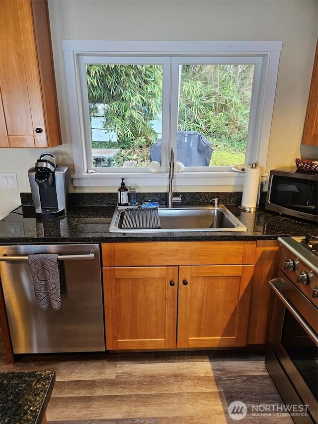 kitchen with dark stone counters, stainless steel appliances, wood finished floors, and a sink