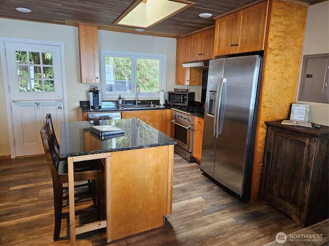 kitchen with a skylight, dark wood finished floors, appliances with stainless steel finishes, a sink, and under cabinet range hood