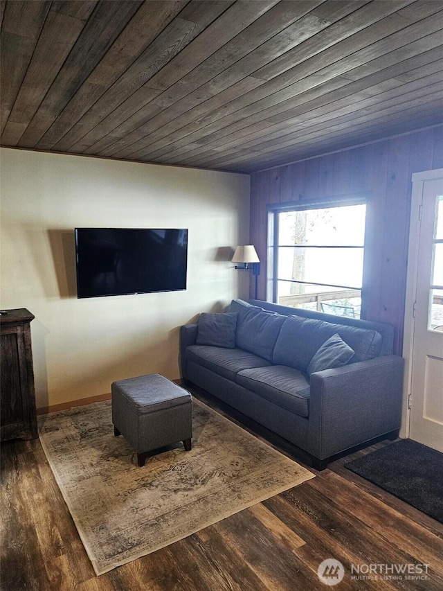 living room featuring wooden ceiling and wood finished floors