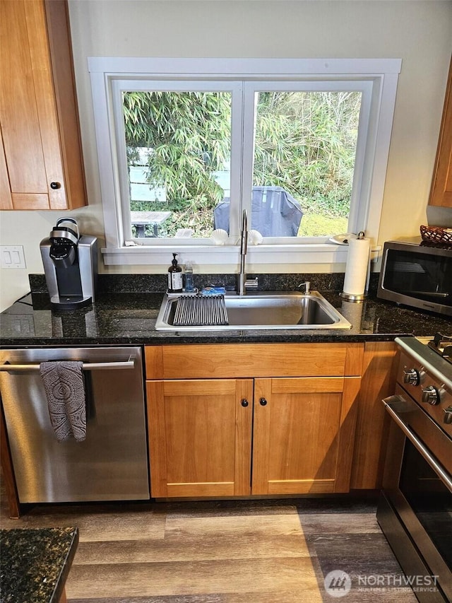 kitchen featuring dark stone counters, appliances with stainless steel finishes, wood finished floors, and a sink