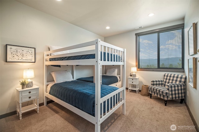 bedroom featuring carpet floors, baseboards, visible vents, and recessed lighting