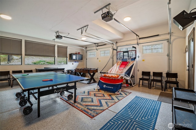 rec room with a garage and speckled floor