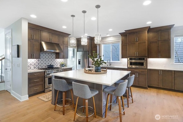 kitchen with dark brown cabinetry, a sink, high quality appliances, and under cabinet range hood