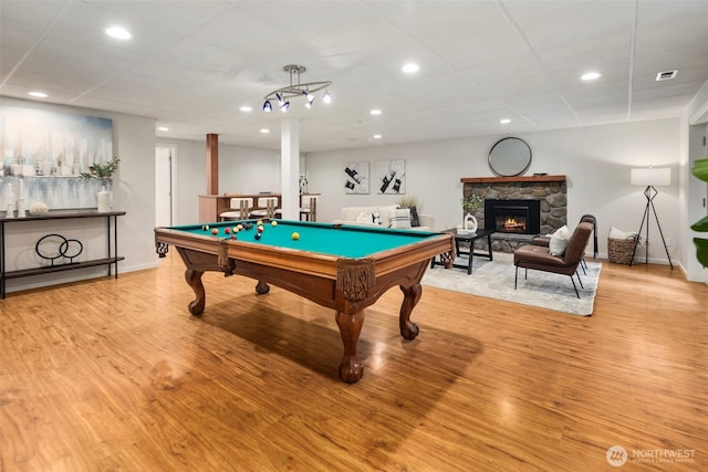 playroom featuring recessed lighting, pool table, and light wood finished floors