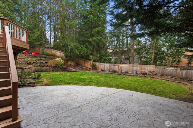 view of patio / terrace featuring stairs and a fenced backyard