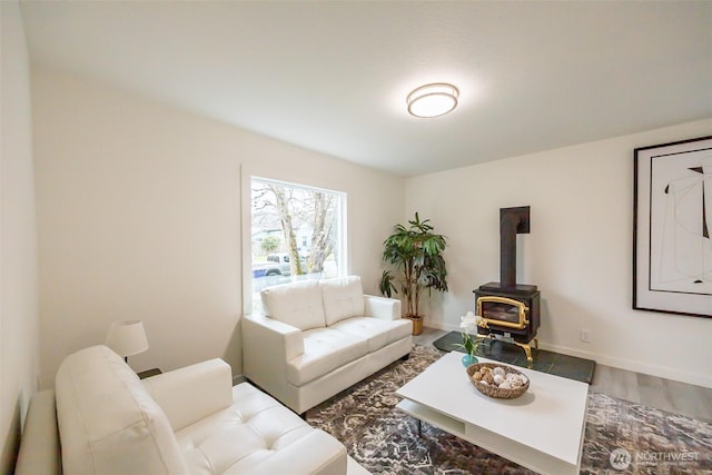 living area with baseboards, wood finished floors, and a wood stove