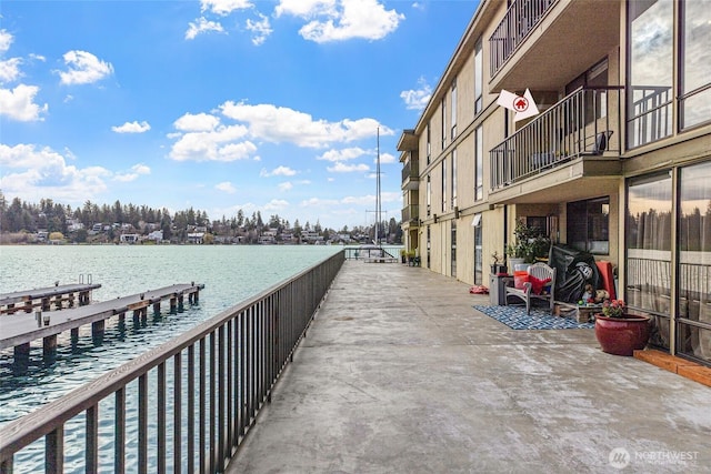 dock area with a water view