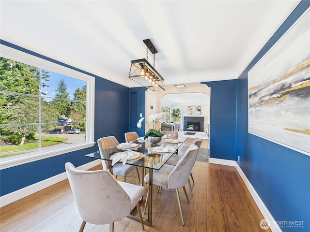 dining room featuring a fireplace, wood finished floors, a wealth of natural light, and baseboards