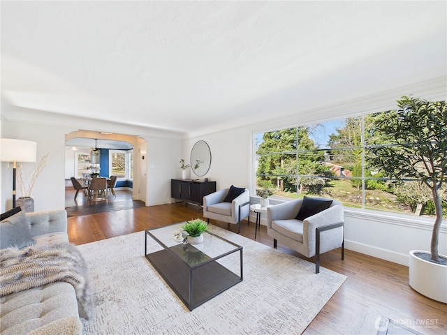 living area with arched walkways, baseboards, and wood finished floors