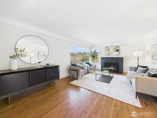 living room with a fireplace with flush hearth, wood finished floors, and baseboards