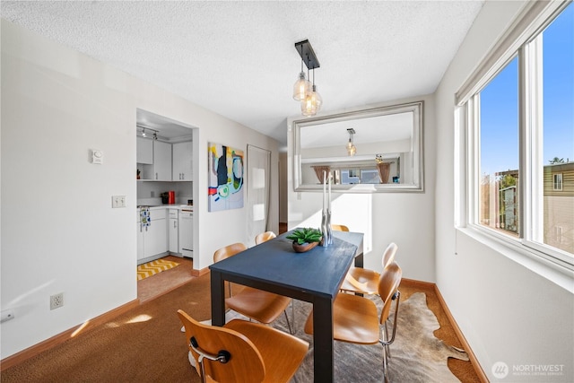 dining space featuring light carpet, a textured ceiling, and baseboards