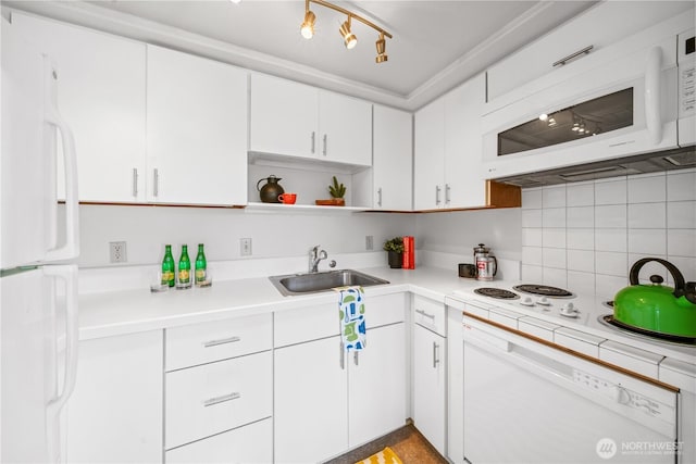 kitchen with open shelves, light countertops, decorative backsplash, white cabinets, and white appliances