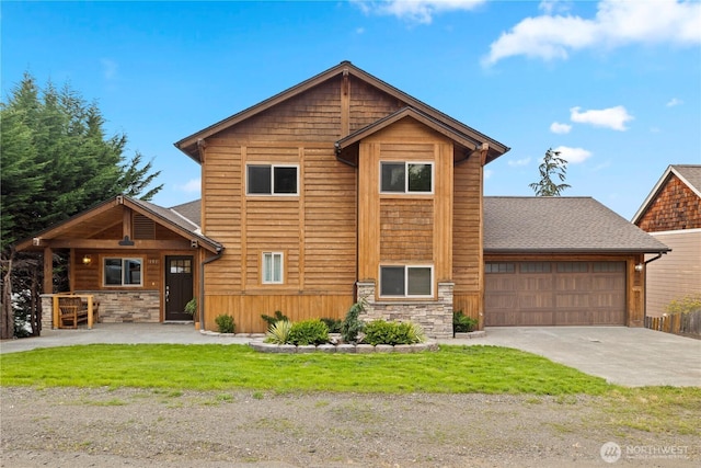 view of front of house featuring an attached garage, stone siding, concrete driveway, and a front yard