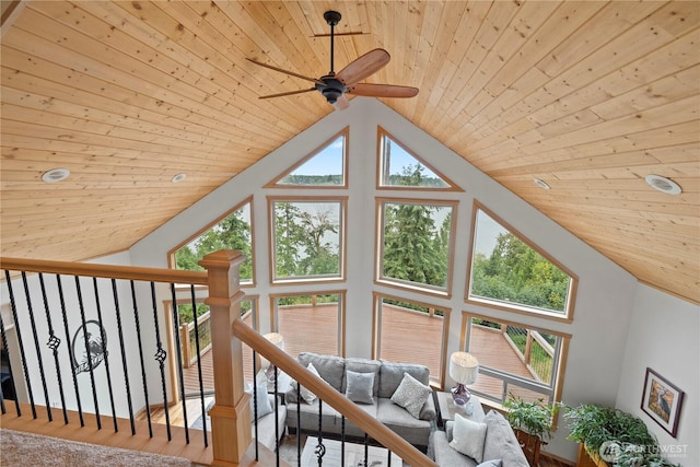 interior space with a ceiling fan, wood ceiling, and wood finished floors