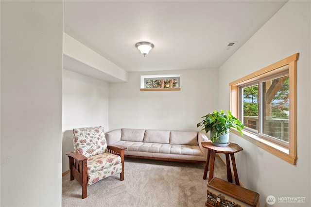 carpeted living room featuring visible vents