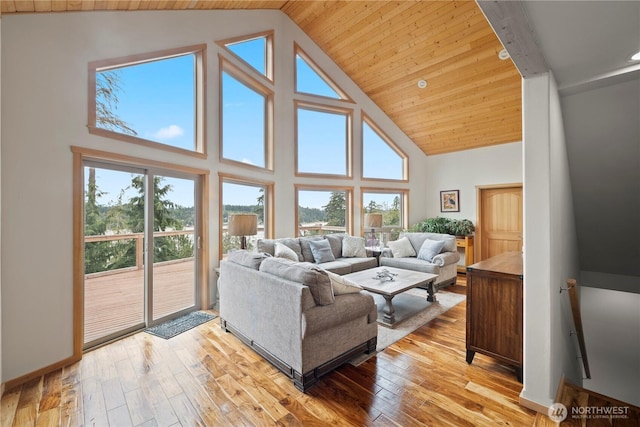 living room with light wood-style floors, wood ceiling, high vaulted ceiling, and baseboards