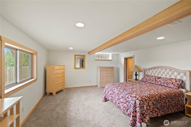 bedroom featuring recessed lighting, carpet, visible vents, and baseboards