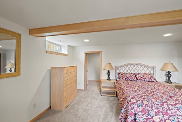 carpeted bedroom with recessed lighting, visible vents, and baseboards