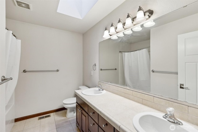 full bathroom featuring a skylight, visible vents, and a sink