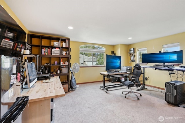 carpeted office featuring recessed lighting and baseboards