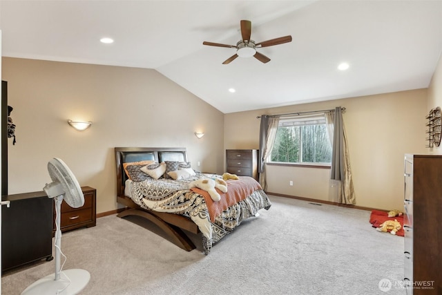 carpeted bedroom featuring recessed lighting, a ceiling fan, baseboards, and vaulted ceiling