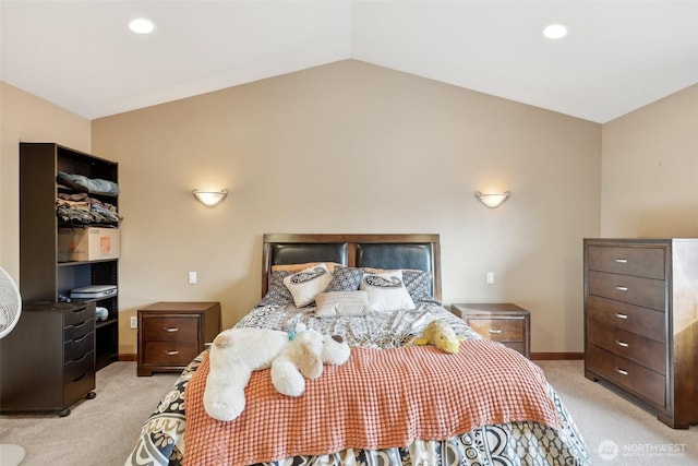 bedroom with recessed lighting, baseboards, light colored carpet, and vaulted ceiling