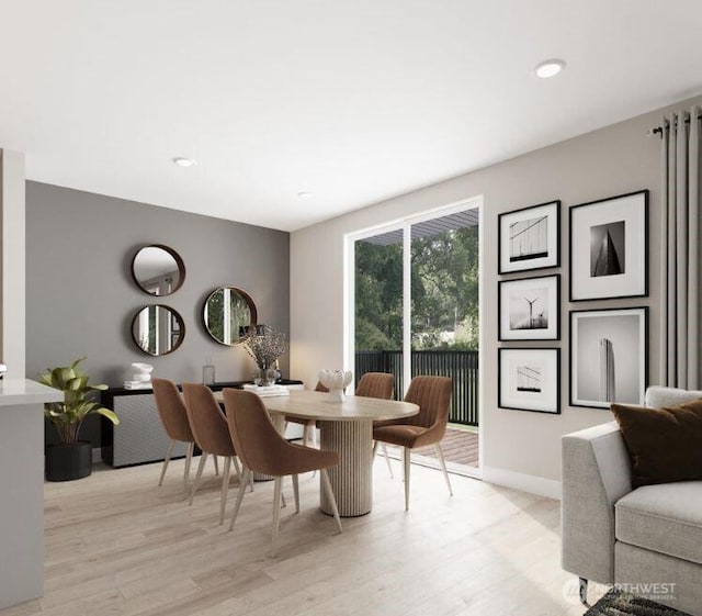 dining space featuring light wood-style floors and baseboards