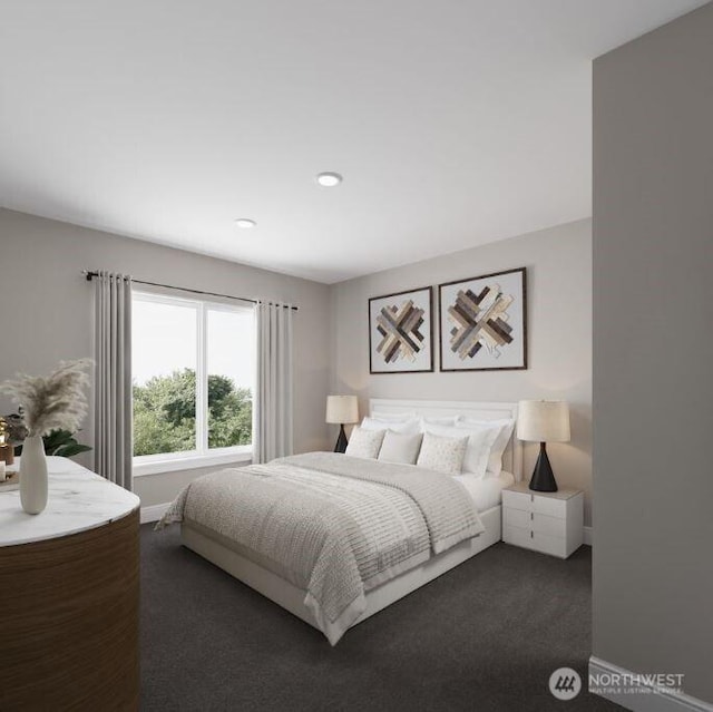 carpeted bedroom with baseboards and recessed lighting