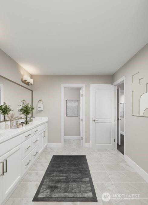 full bath with double vanity and baseboards