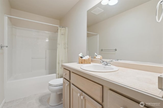 bathroom featuring toilet, shower / tub combo, tile patterned flooring, and vanity