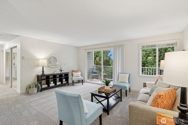 carpeted living room featuring baseboards, a textured ceiling, and a healthy amount of sunlight