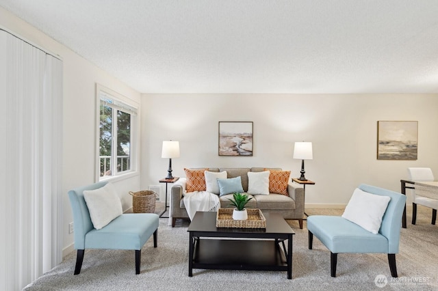 living room featuring carpet, a textured ceiling, and baseboards