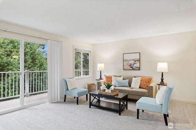 carpeted living room featuring baseboards and a textured ceiling