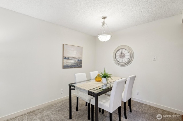 carpeted dining room featuring a textured ceiling and baseboards