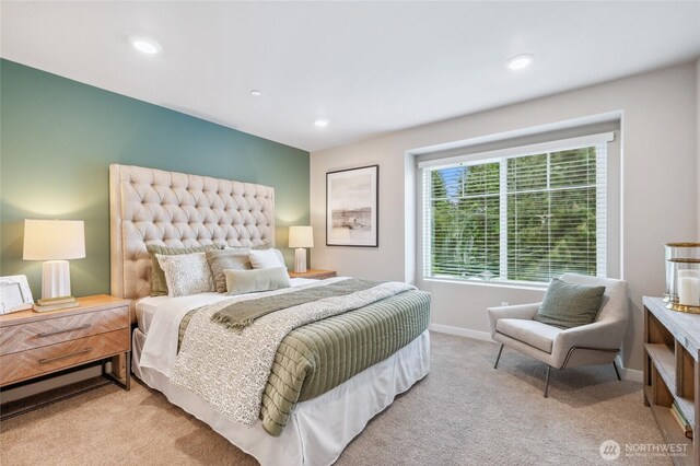 bedroom with baseboards, carpet flooring, and recessed lighting