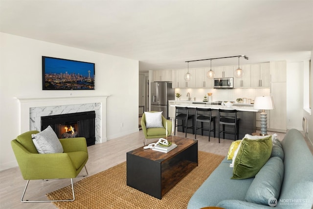 living area featuring light wood-type flooring and a premium fireplace