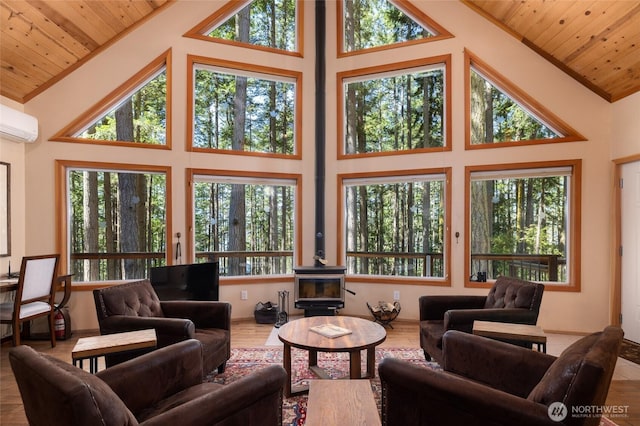 living area with high vaulted ceiling, wood finished floors, wood ceiling, a wall mounted air conditioner, and a wood stove