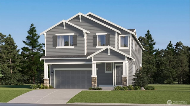 craftsman-style house featuring an attached garage, stone siding, concrete driveway, and a front yard