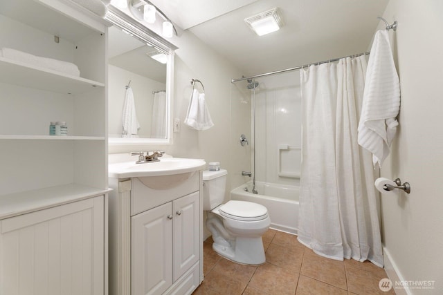 full bath featuring toilet, visible vents, vanity, tile patterned floors, and shower / bath combo with shower curtain