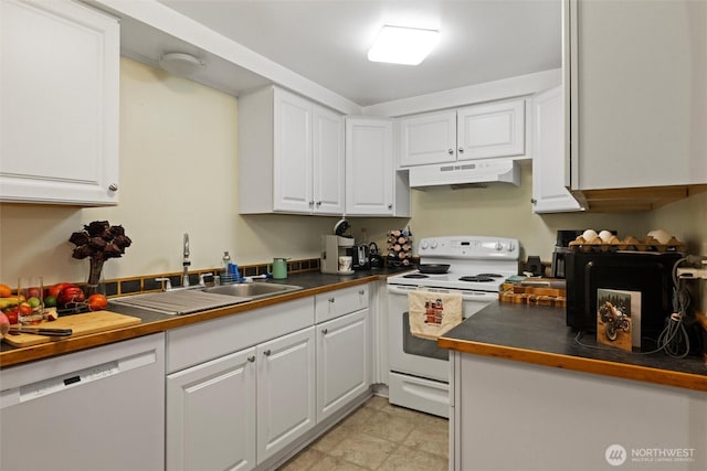 kitchen featuring white range with electric cooktop, dark countertops, a sink, dishwasher, and under cabinet range hood