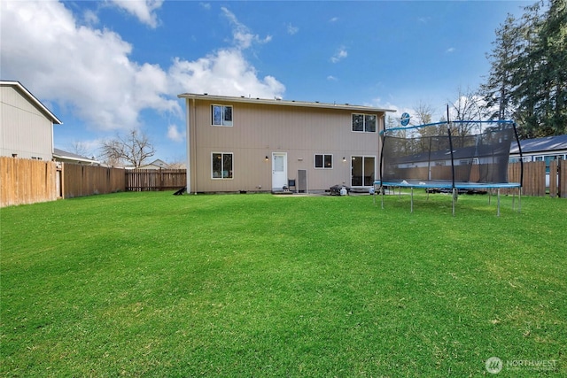 back of property with a fenced backyard, a trampoline, and a yard