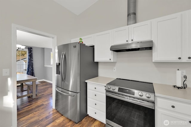 kitchen with under cabinet range hood, white cabinetry, appliances with stainless steel finishes, and light countertops