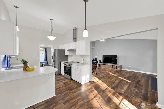 kitchen with appliances with stainless steel finishes, dark wood-type flooring, white cabinets, a sink, and under cabinet range hood