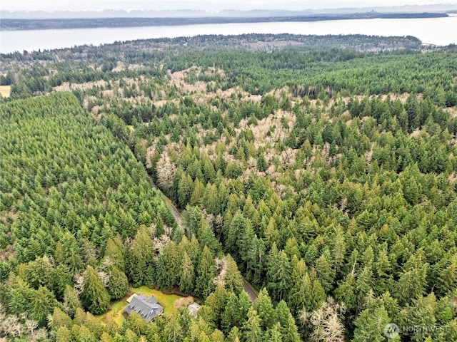 birds eye view of property featuring a water view and a wooded view