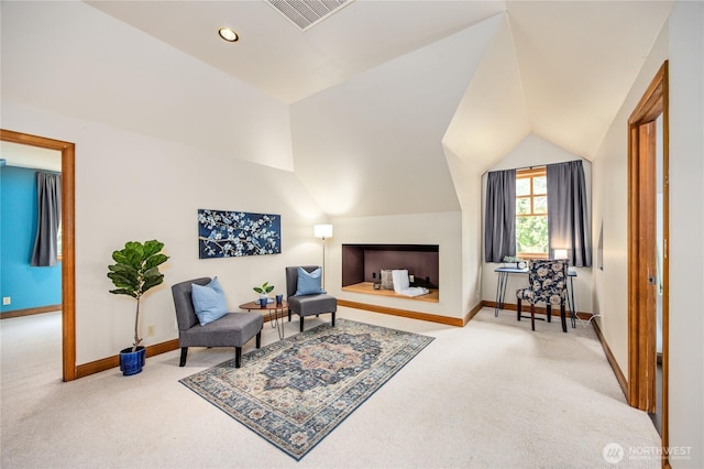 living area with recessed lighting, visible vents, carpet flooring, vaulted ceiling, and baseboards